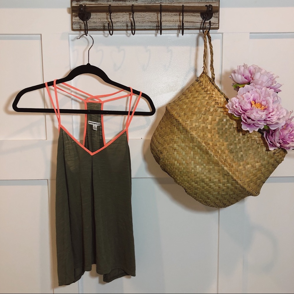 American Eagle Olive Green Neon Contrast Tank